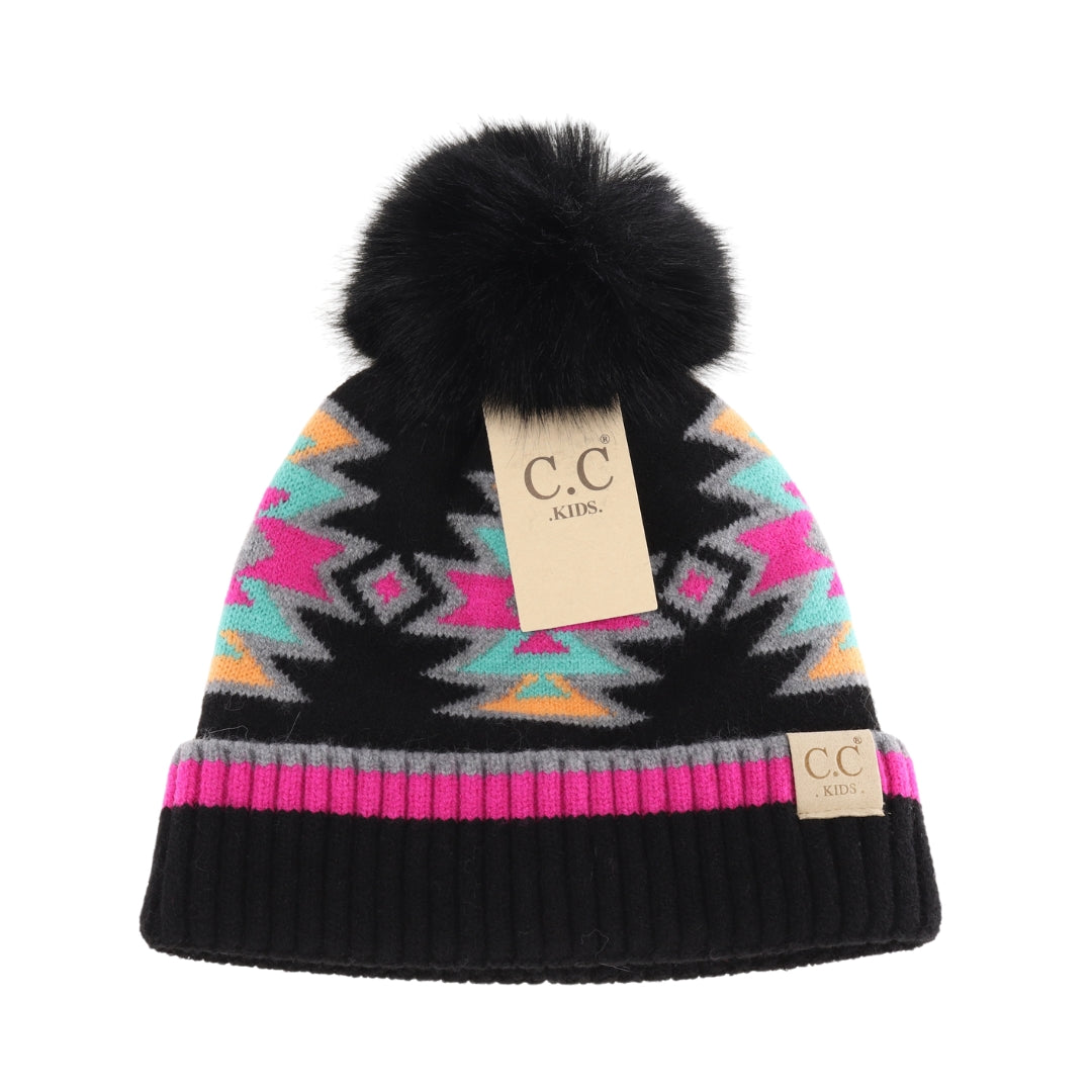 Children's Southwestern Faux Fur Pom Beanie